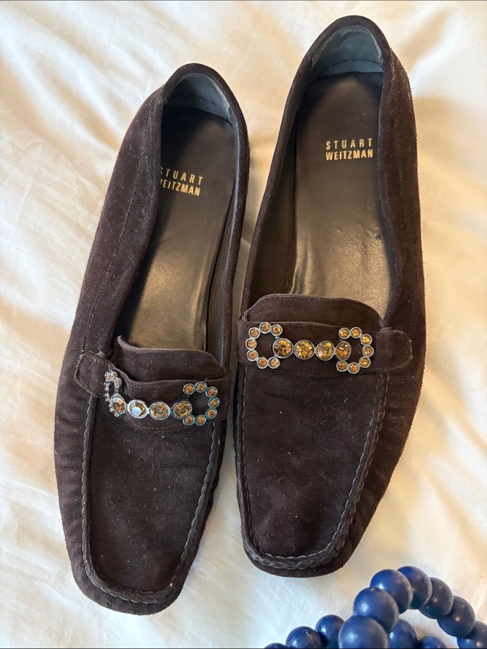 Stuart Weitzman Dark Brown Suede Jeweled Loafers